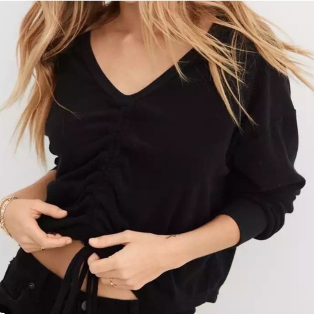 Aerie Towel Terry Cinch Sweatshirt Black Sz S Cropped V-Neck‎ Lounge Minimalist